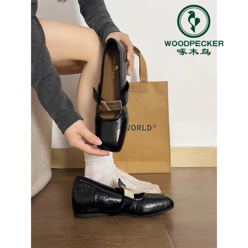 啄木鸟法式内增高玛丽珍单鞋2025新款仙女风方头一字扣平底小皮鞋