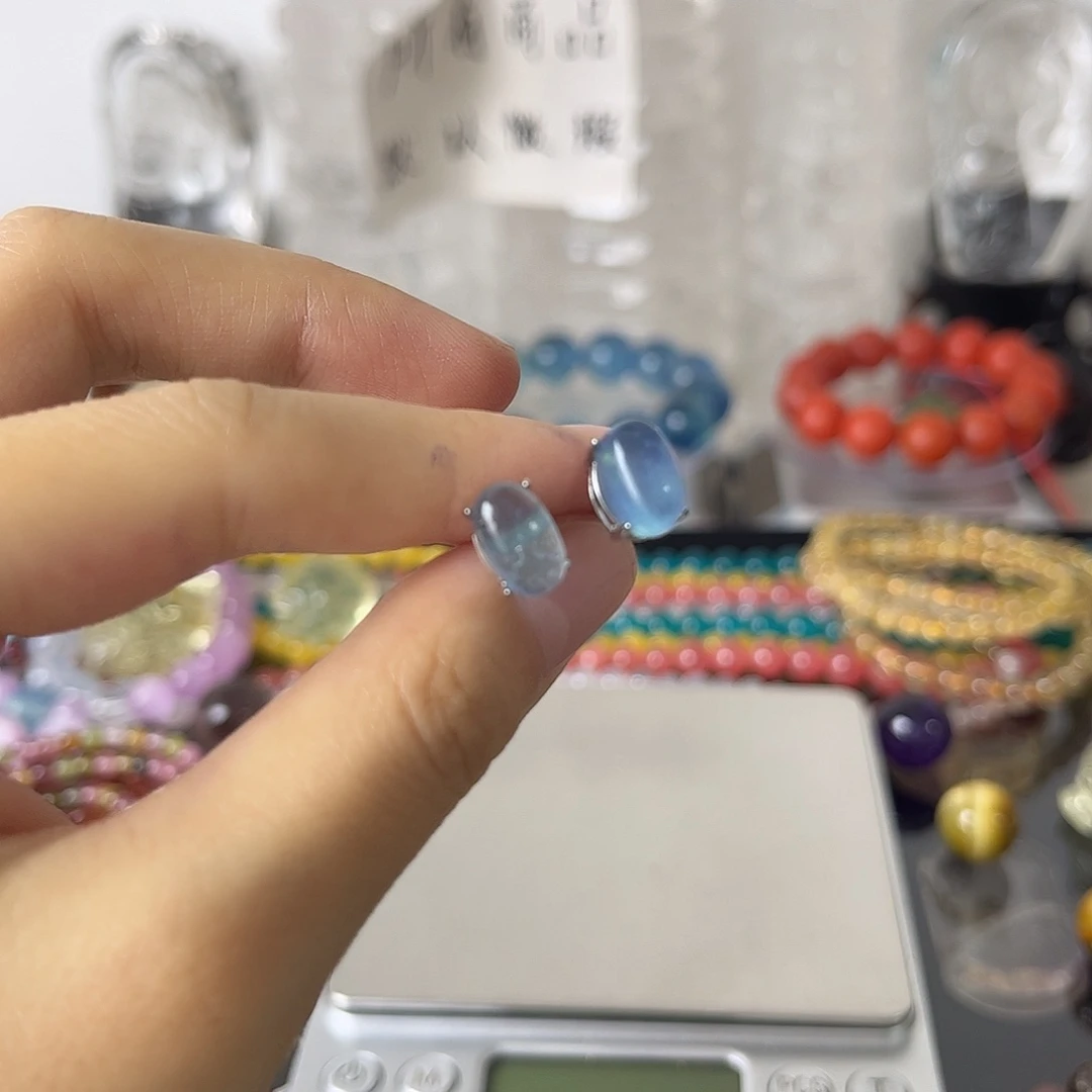 海蓝宝石耳钉银S925镶嵌矿坑