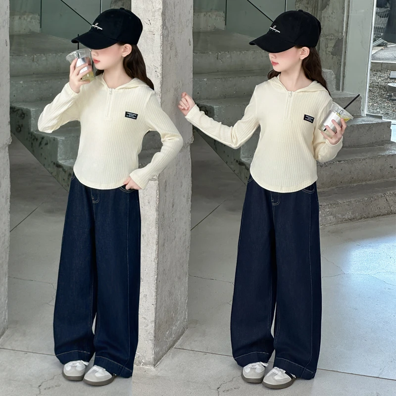 女童套装秋季2025新款洋气时髦长袖帽衫大儿童装休闲牛仔裤两件套
