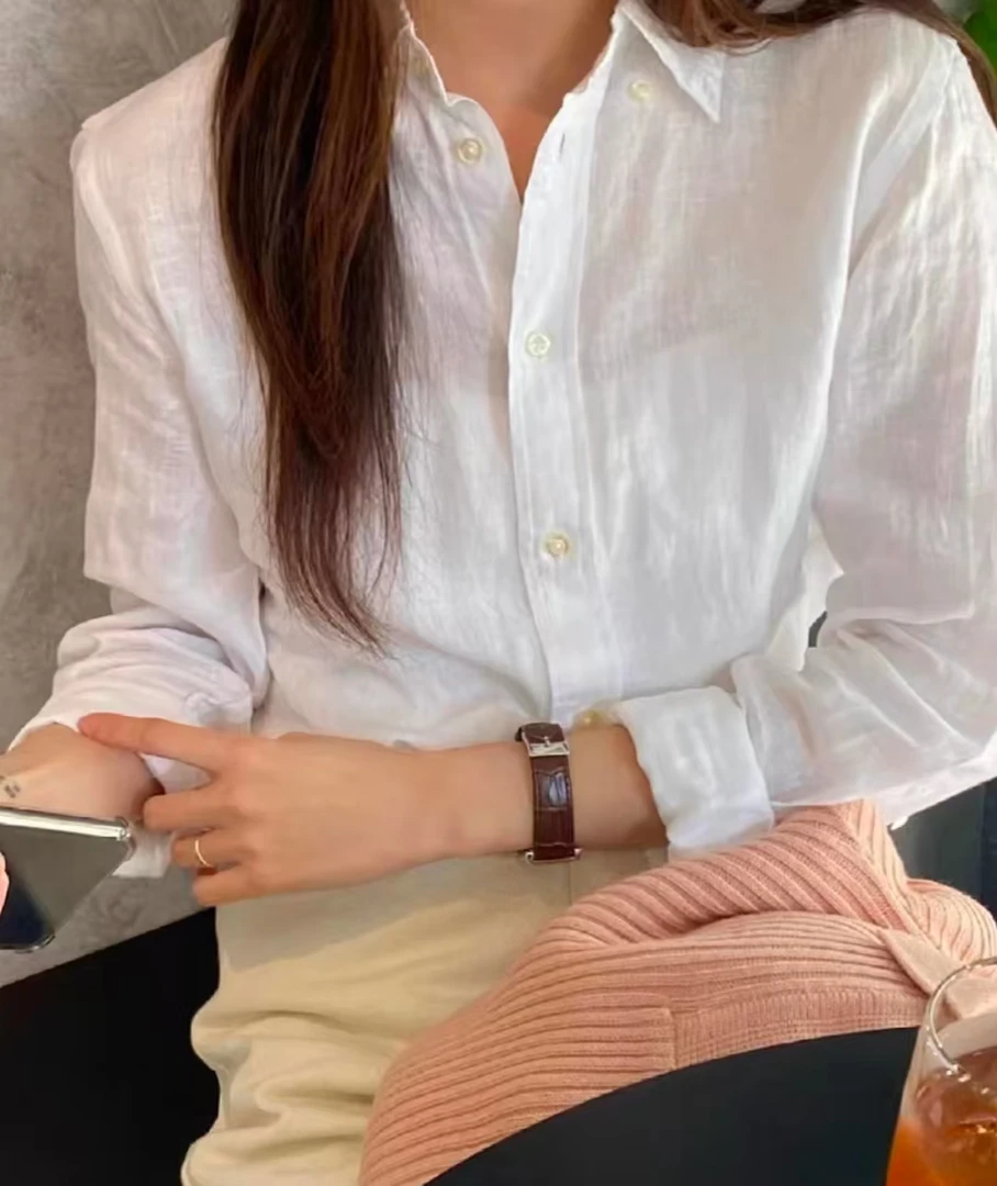 小马标亚麻衬衫-长袖刺绣翻领经典款