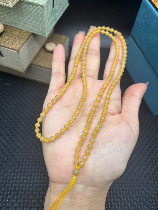 高档新疆和田玉圆珠4mm黄金糖且末糖玉石挂牌绳全珠链毛衣链项链