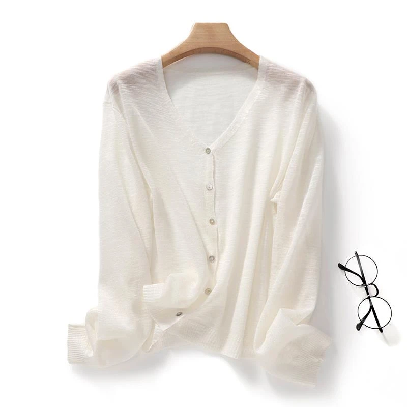 苎麻防晒衣女V领针织开衫薄款竹节麻外套夏季宽松慵懒外搭空调衫