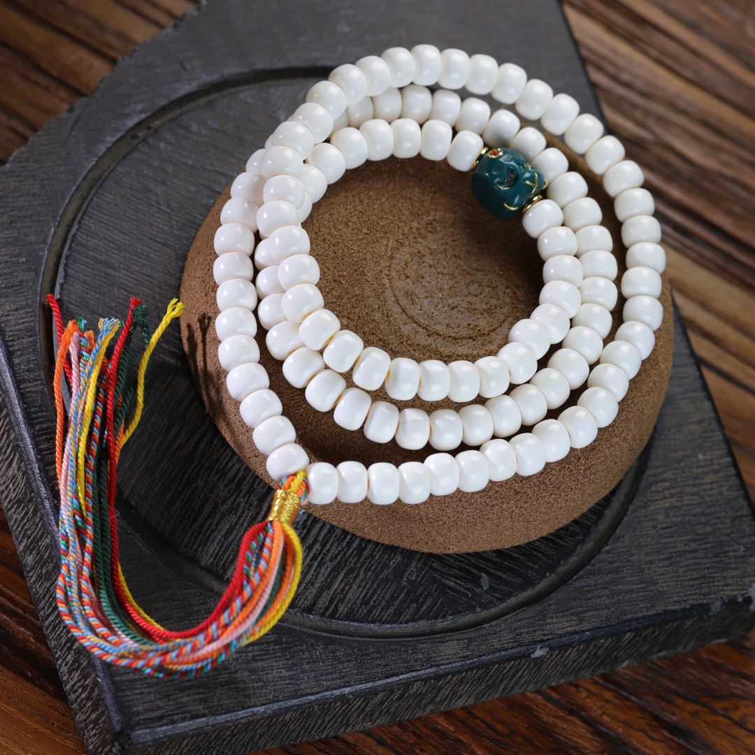 正宗天然鹿角桶珠108颗项链藏式陨石坑阿呆三通流苏款牙骨角文玩