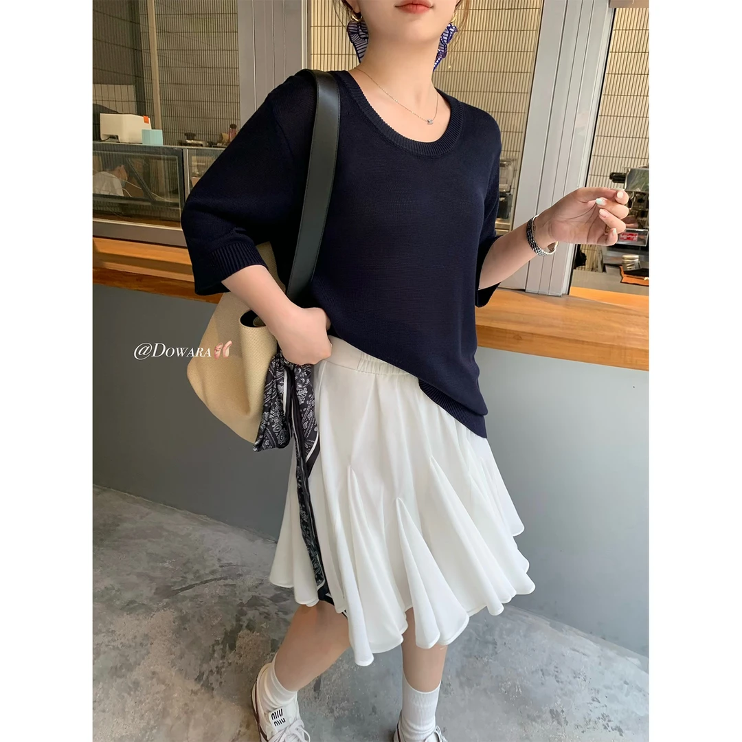 大婉酱微胖定制百搭显瘦通勤韩版纯色松紧腰白色a字半身裙 7917D