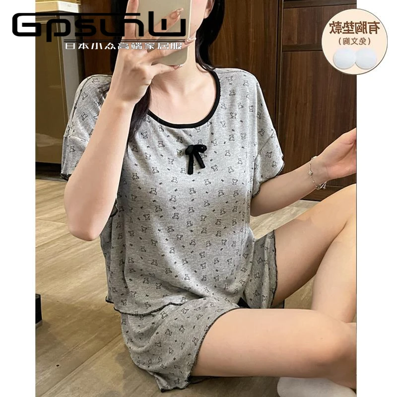 gpsunlu莫代尔睡衣女款夏季带胸垫短袖2025新款薄款可爱女生套装