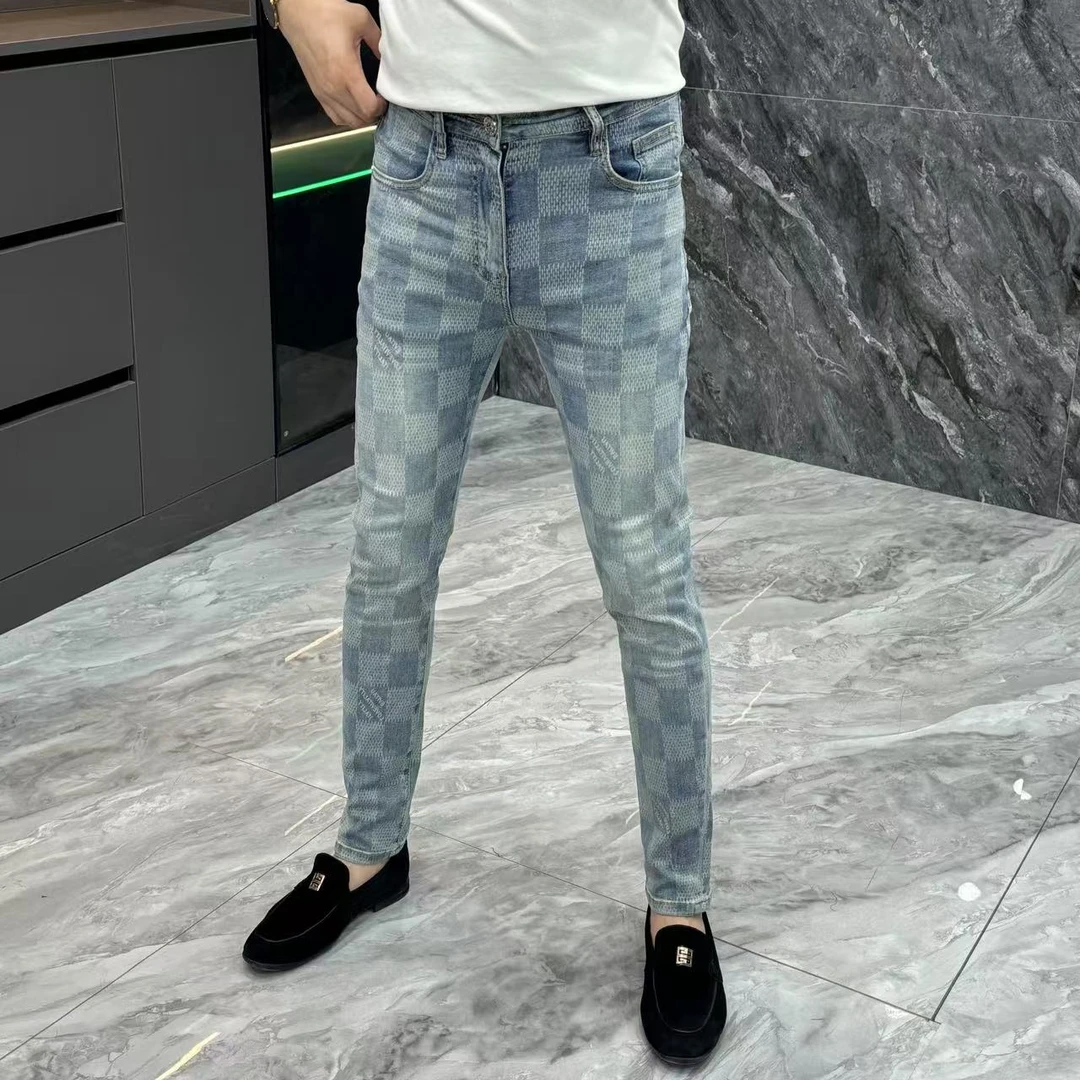 20121-夏季时尚男士修身百搭小脚牛仔裤薄款棋盘格修身型束脚裤