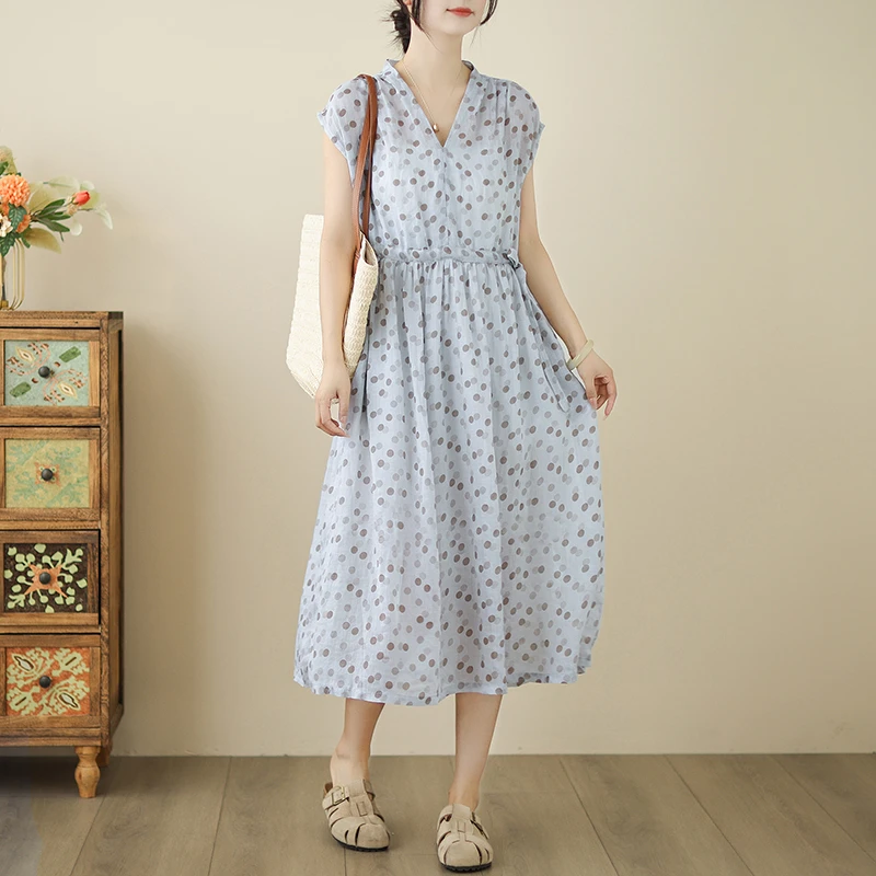 亚麻短袖连衣裙女夏季时尚新款文艺复古洋气百搭碎花轻奢高端长裙