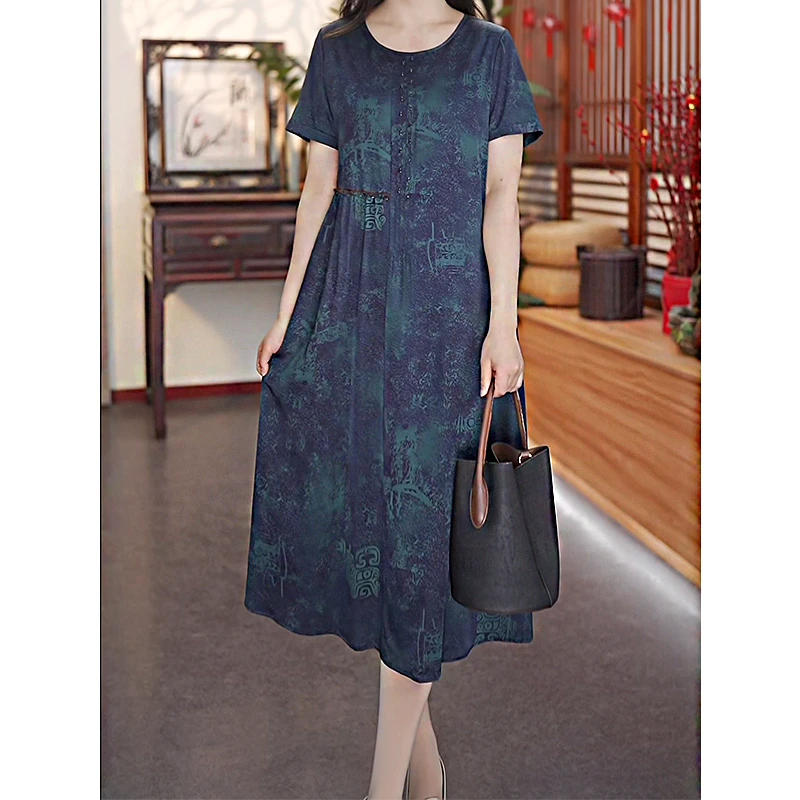 【春日妩媚】新款夏季减龄印花显瘦桑蚕丝宽松短袖真丝连衣裙12424