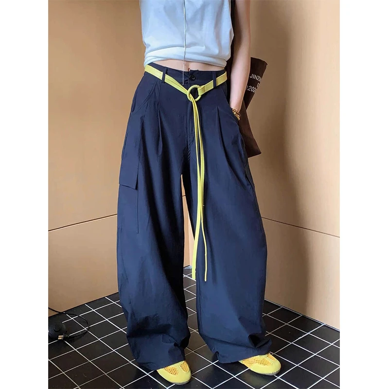 美式慵懒松弛感裤子女2025爆款大口袋速干休闲裤宽松配腰带阔腿裤