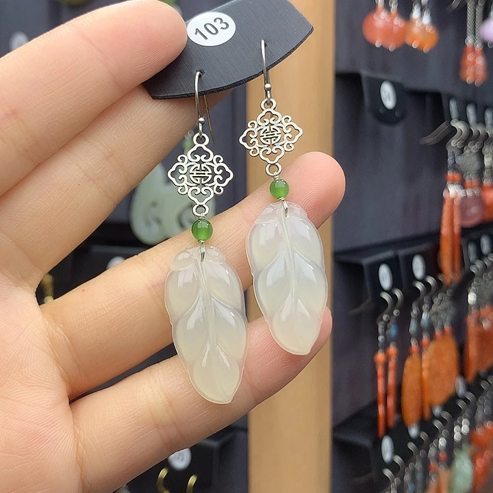 和田玉耳饰银S925镶嵌