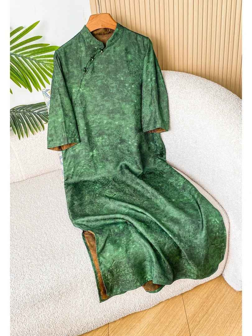 139 新中式国风绿色扎染花萝连衣裙复古宽松显瘦旗袍连衣裙