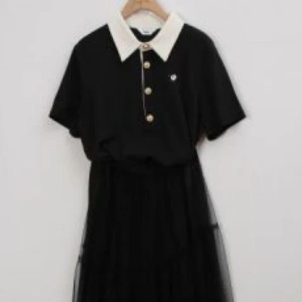 朵以2025夏季新款短袖polo领拼接纱裙连衣裙39DX839191