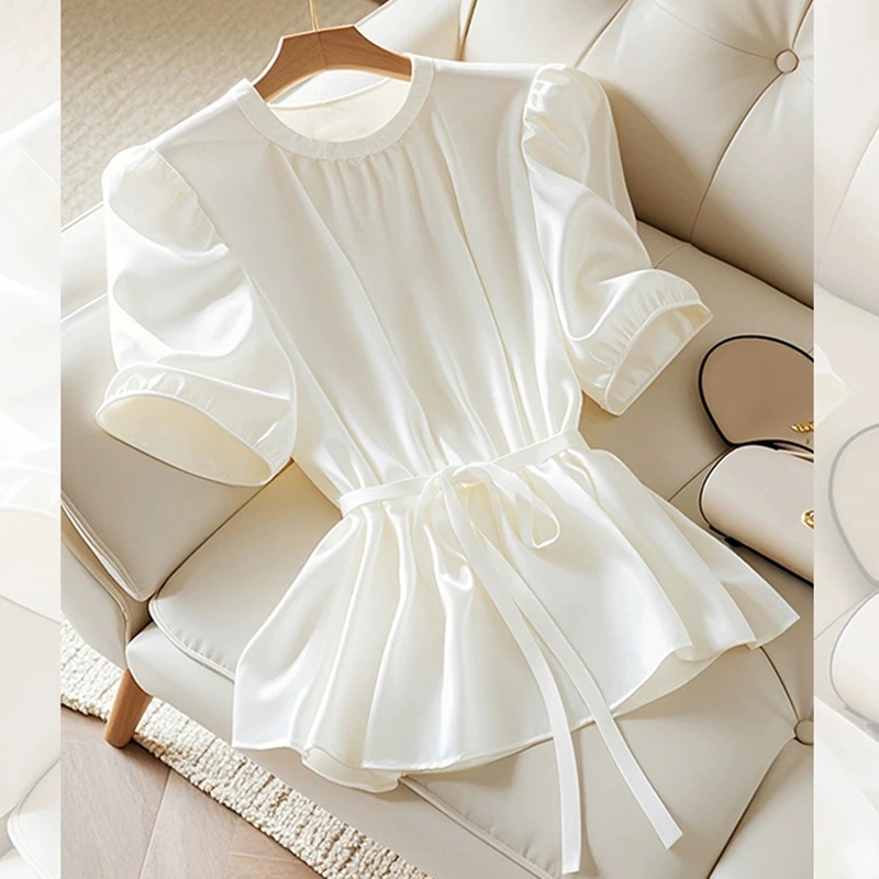 上衣缎面系带收腰短袖衬衫夏女装白色漂亮小衫减龄圆领时尚气质