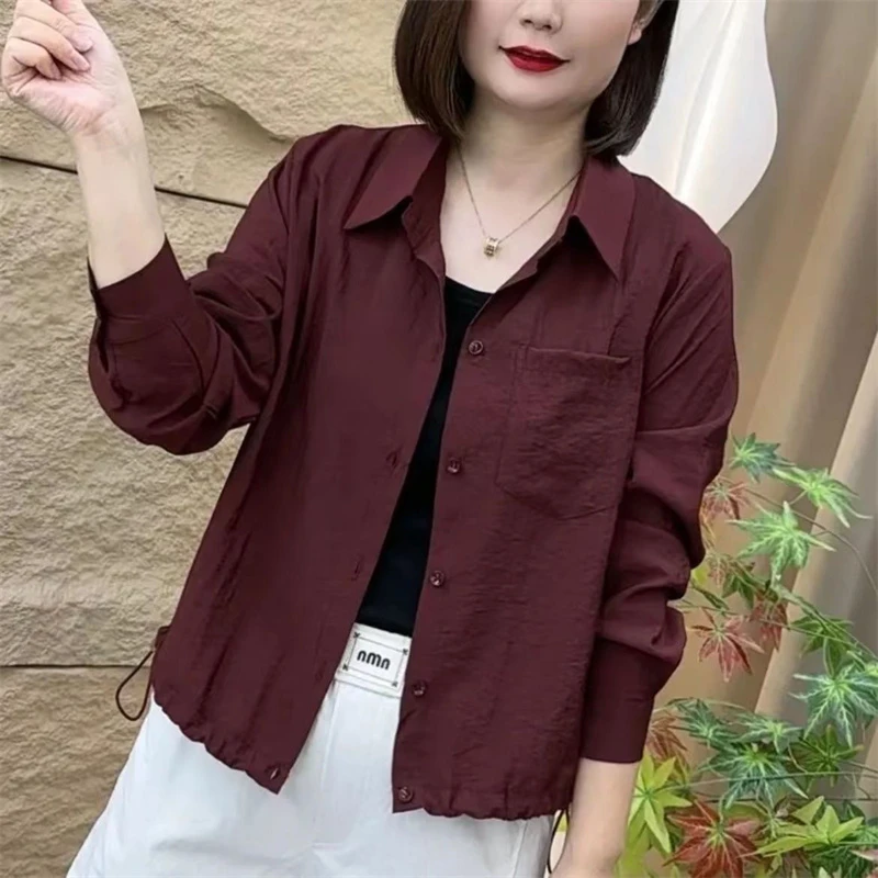 简约纯色polo领长袖衬衫女春秋气质百搭宽松显瘦休闲打底开衫上衣