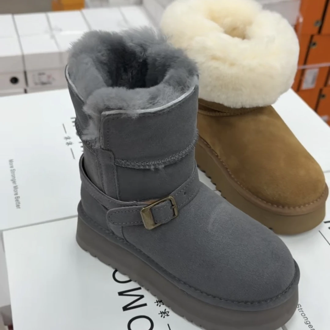 诗涵家 真皮真毛厚底雪地靴308