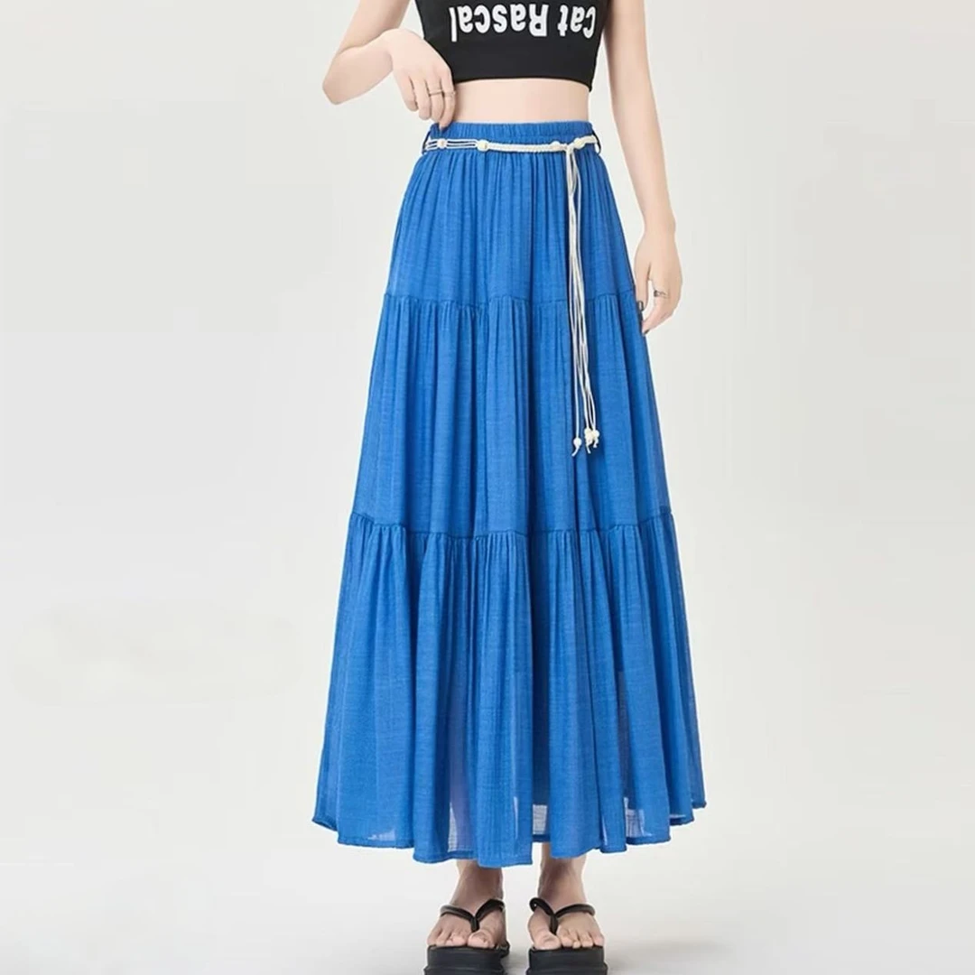 新款大码189-2高腰舒适透气垂感棉麻百褶蛋糕a字大摆长裙