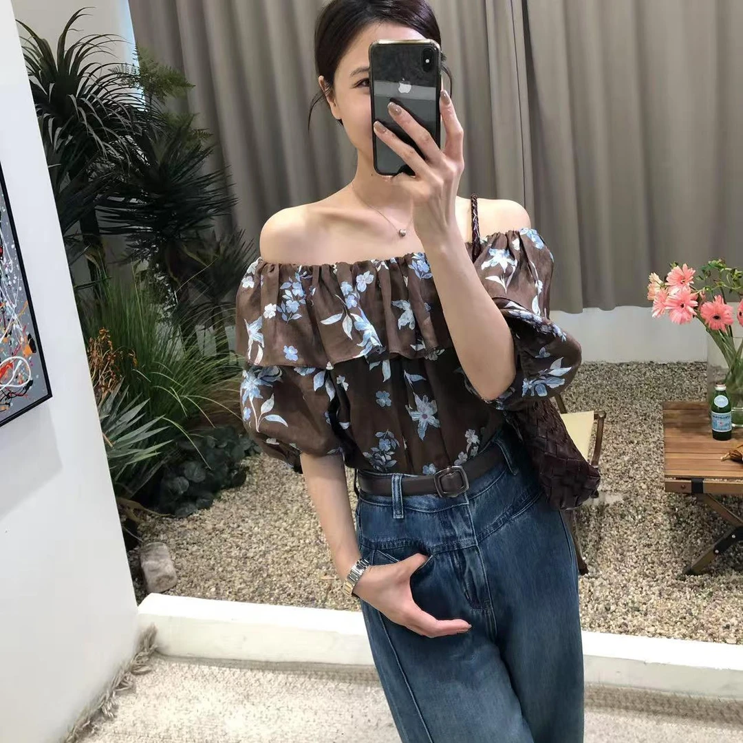 100%苎麻夏季法式露肩2025新品气质复古印花一字领时尚泡泡袖上衣