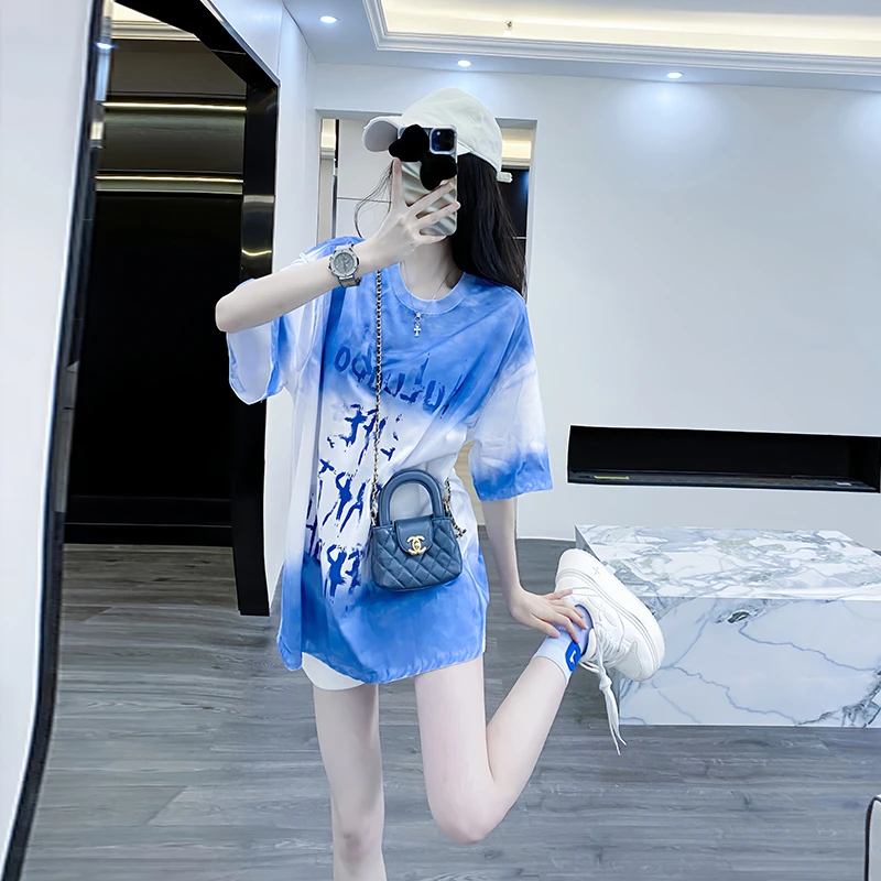 蓝色短袖女t恤夏季2025新款高级感独特漂亮小众不撞衫多巴胺上衣