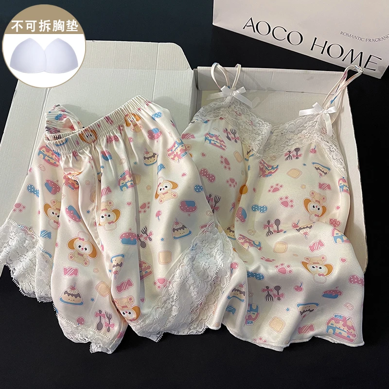 日系可爱睡衣女生新款夏季冰丝凉感带胸垫性感吊带短裤家居服套装