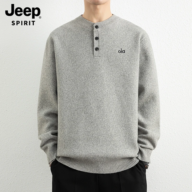 Jeep吉普秋冬季毛衣男2025新款潮牌刺绣简约百搭亨利领打底针织衫