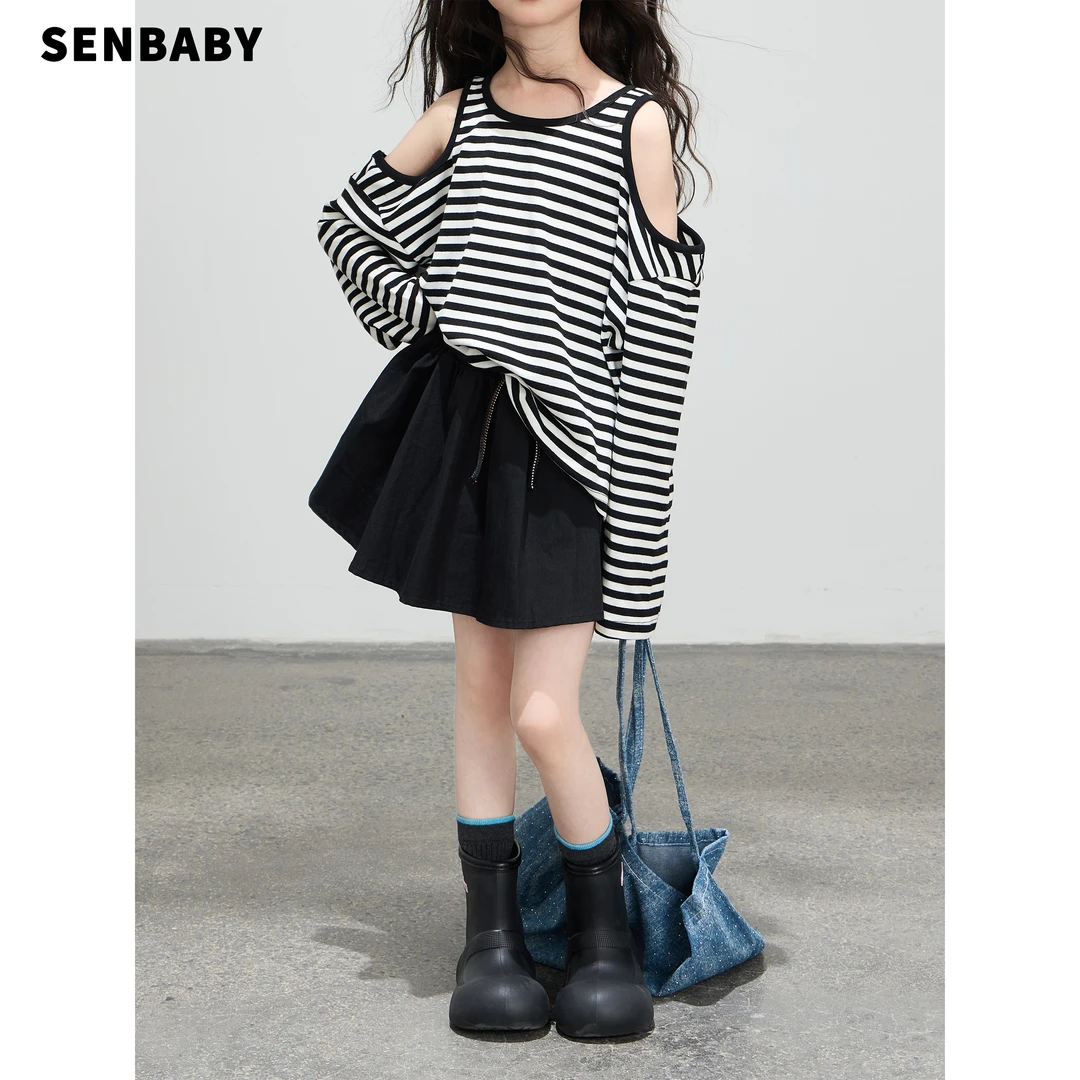 【现货亲子】童装 时尚套装女童条纹露肩长袖T恤黑色裙裤两件套