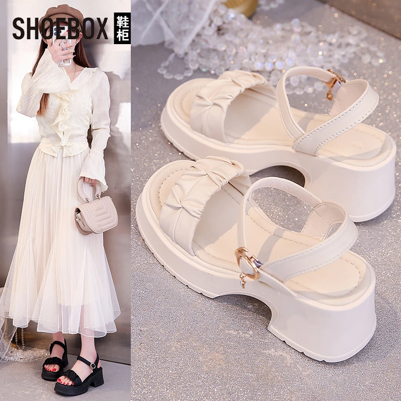 SHOEBOX鞋柜高跟凉鞋女2025新款夏仙女风厚底松糕露趾罗马凉鞋