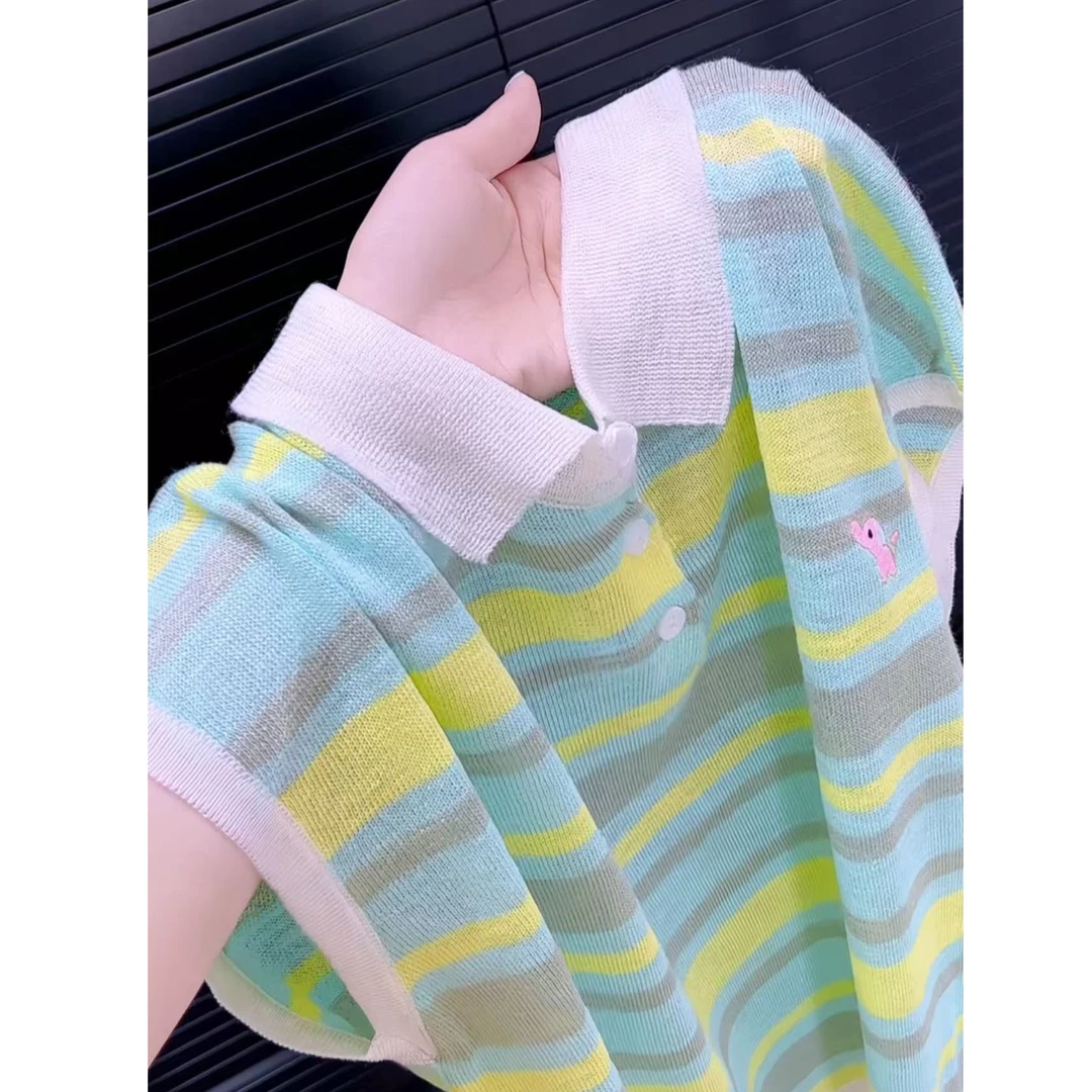 今年流行穿搭2025夏季新款温柔风毛针织衫彩色条纹休闲风T恤上衣