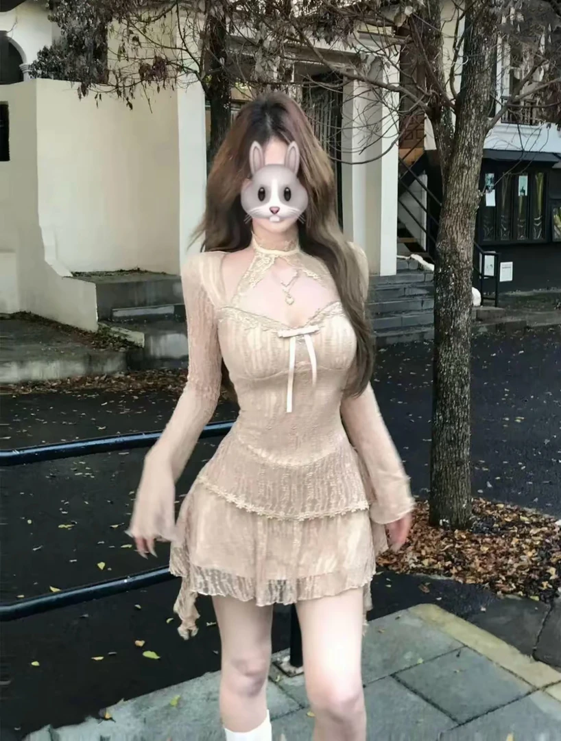 【醒秋集】挂脖蕾丝性感纯欲连衣裙女秋蝴蝶结长袖款