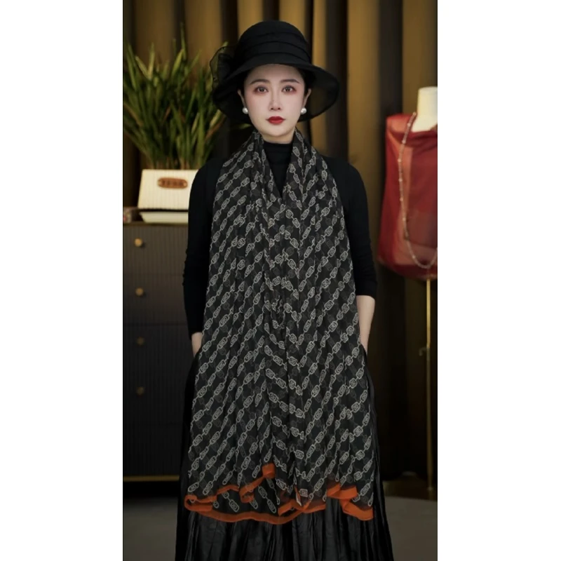 1-703垂感鳄鱼皱手工锁边130x180亲肤丝巾沙滩巾女士纱巾