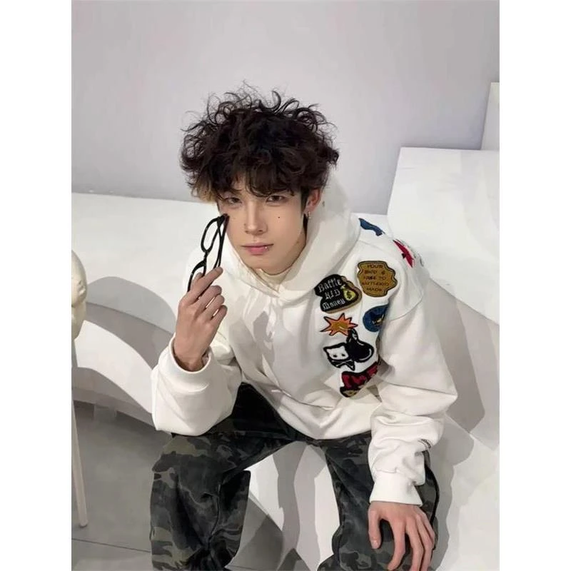 新款国潮牌炸弹微章刺绣卫衣男装春秋宽松青少年情侣装hiphop连帽
