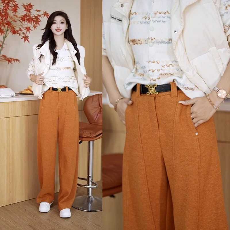 毛呢弯刀阔腿裤女加绒加厚高腰显瘦冬季休闲裤2025新款女士镰刀裤