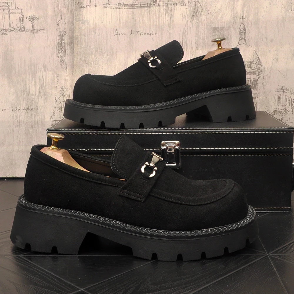 2025新款男士大头皮鞋真皮磨砂皮透气休闲厚底内增高乐福鞋德比鞋