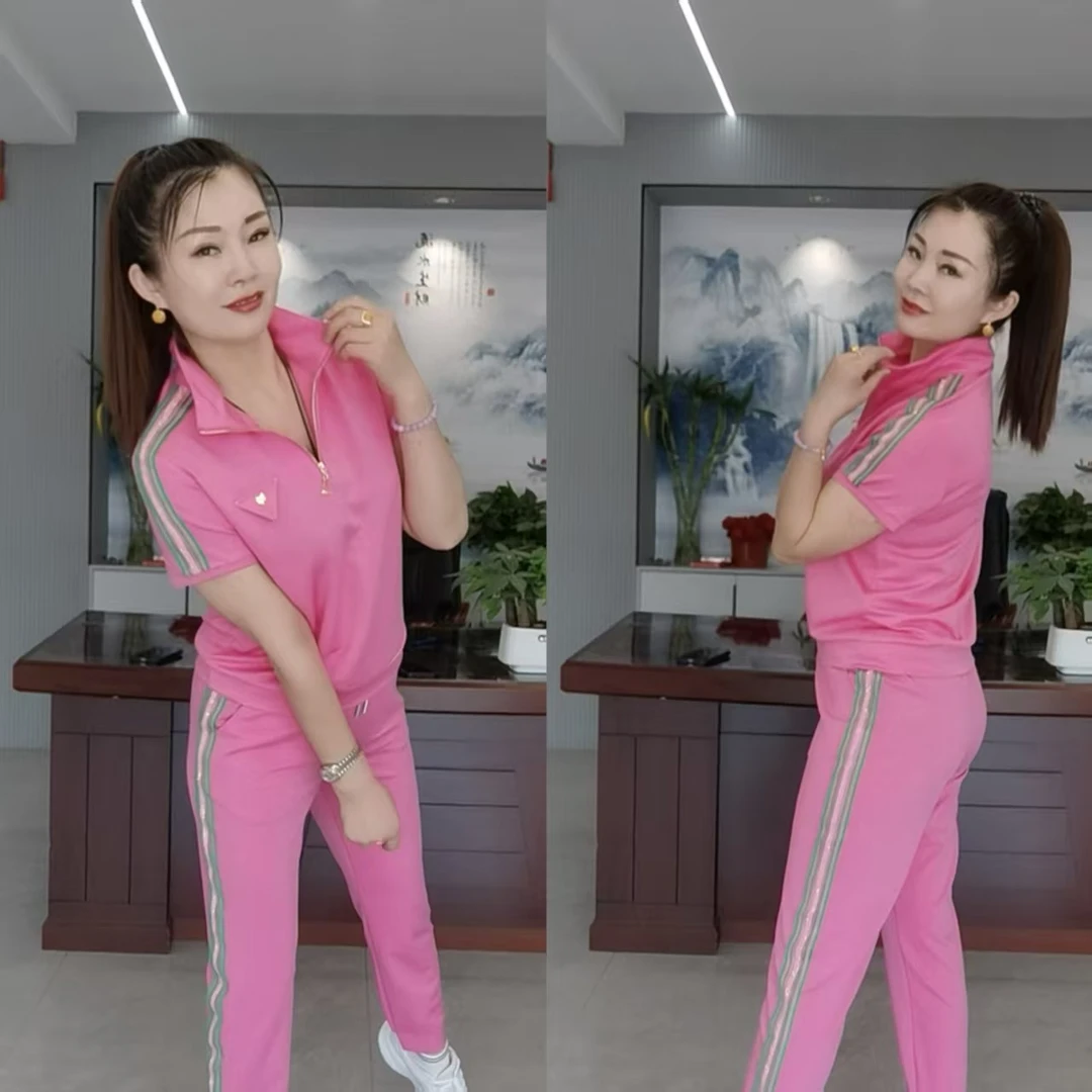 8912夏季半拉链洋气百搭显瘦休闲运动套装