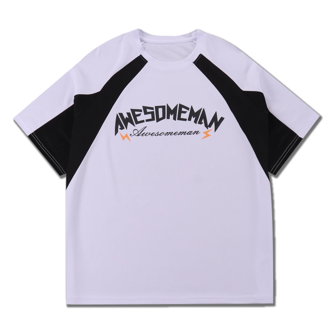 夏季美式运动短袖T恤拼色速干透气投篮服健身圆领宽松训练服跑步