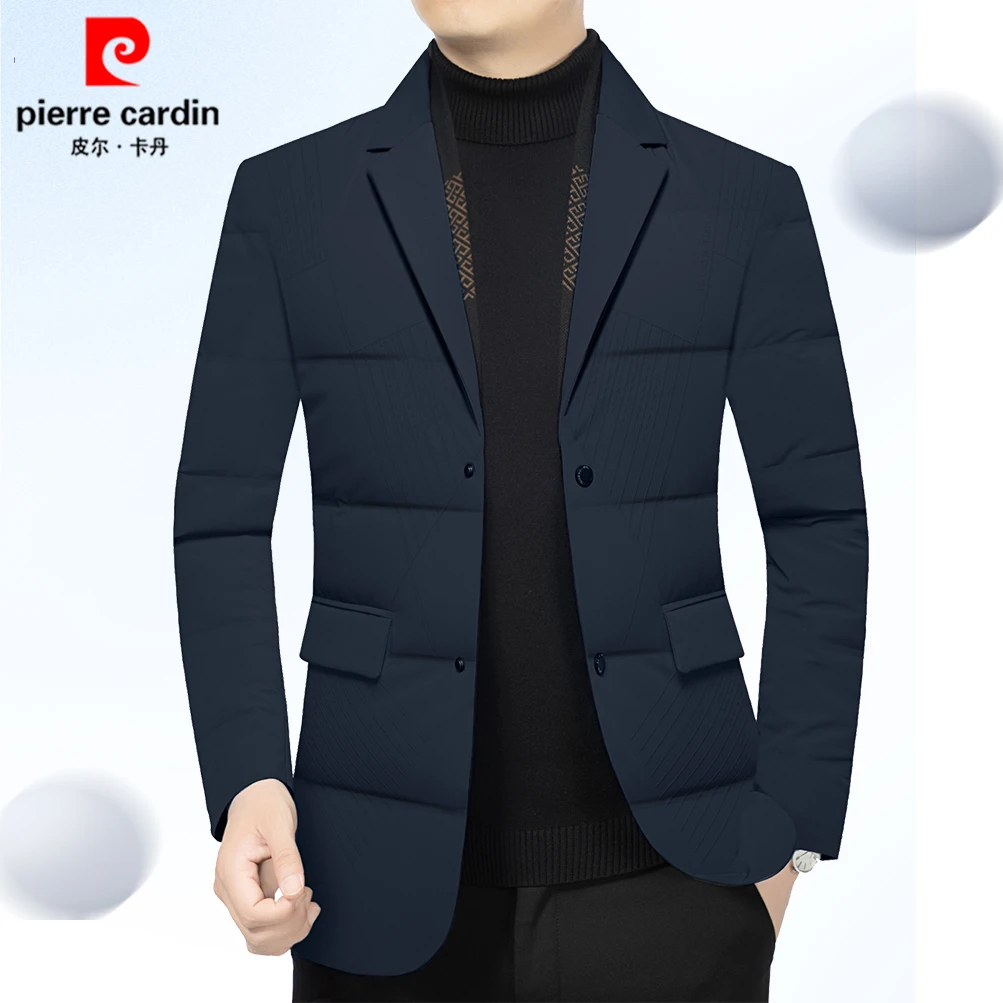 皮尔卡丹轻薄羽绒西服2025冬季新款中年男士休闲西装带围脖外套