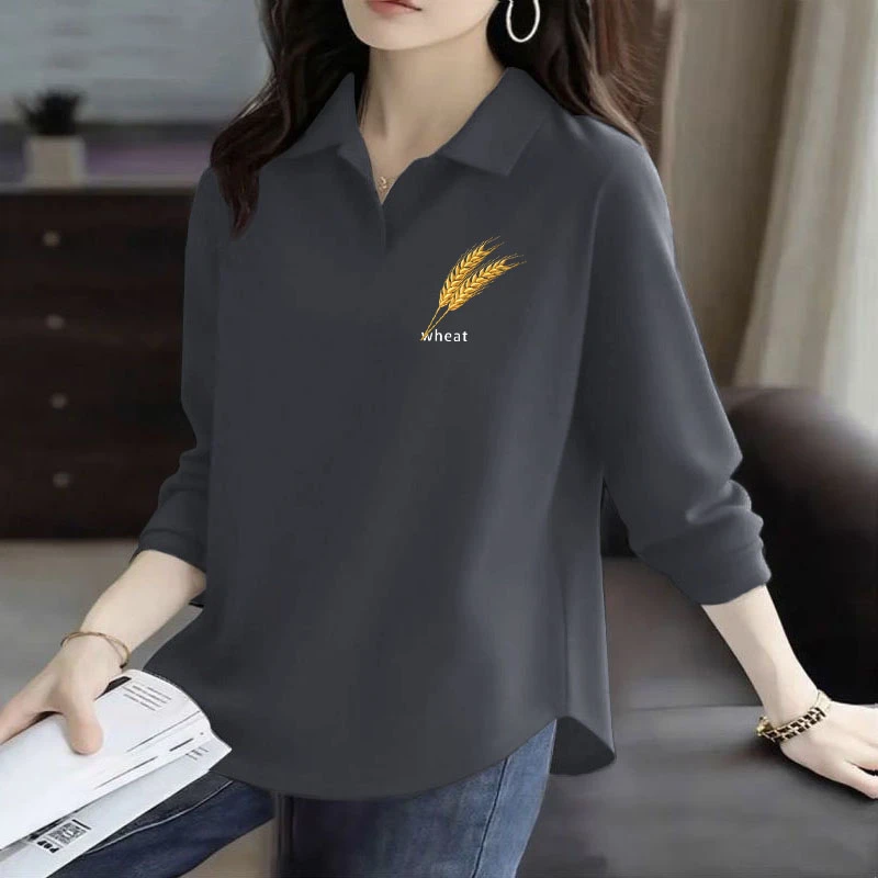 100%纯棉POLO衫女士简约印花春秋季2025新款弧形下摆长袖大码上衣