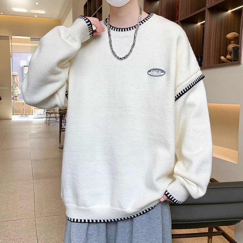 美式慵懒撞色针织衫男秋冬潮牌高级感痞帅毛衣明线设计百搭打底衫