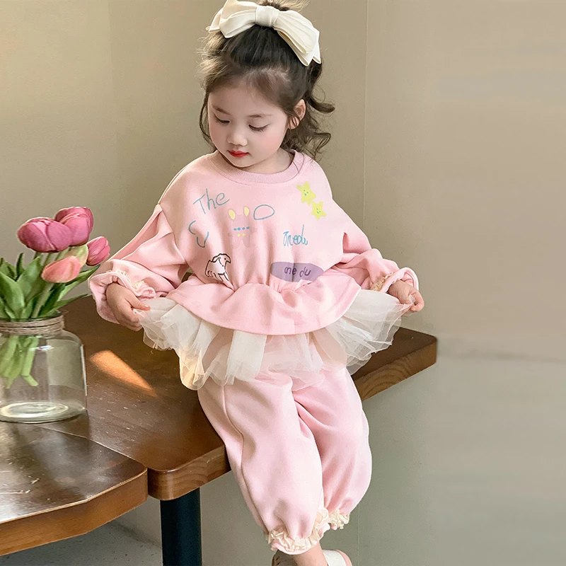 女童秋装套装2025新款小童早秋拼纱洋气卫衣秋季女宝宝两件套春秋