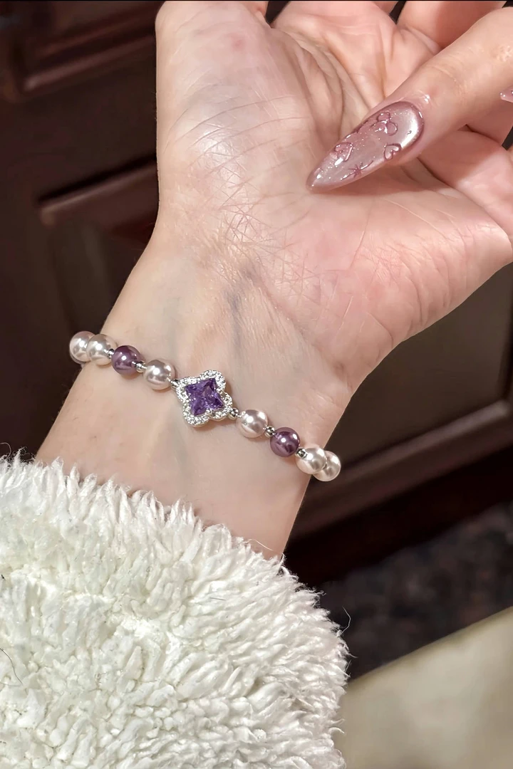 铜合金仿珍珠手链 《紫梦琉光》施家珠曼塔玫瑰紫四叶锆手链D12