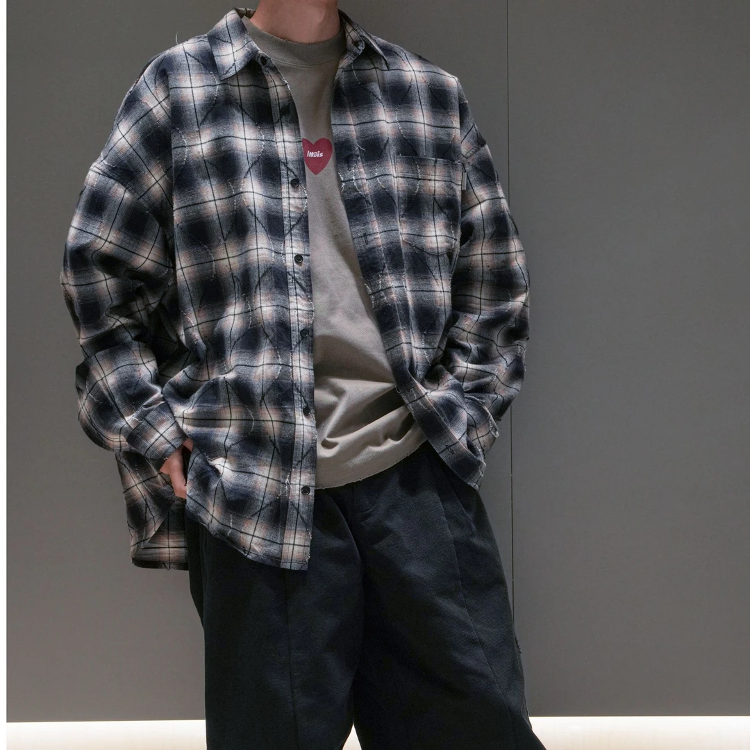 ARUI春季重磅衬衫手工提花格纹帅气宽松韩式欧货潮牌休闲衬衣外套