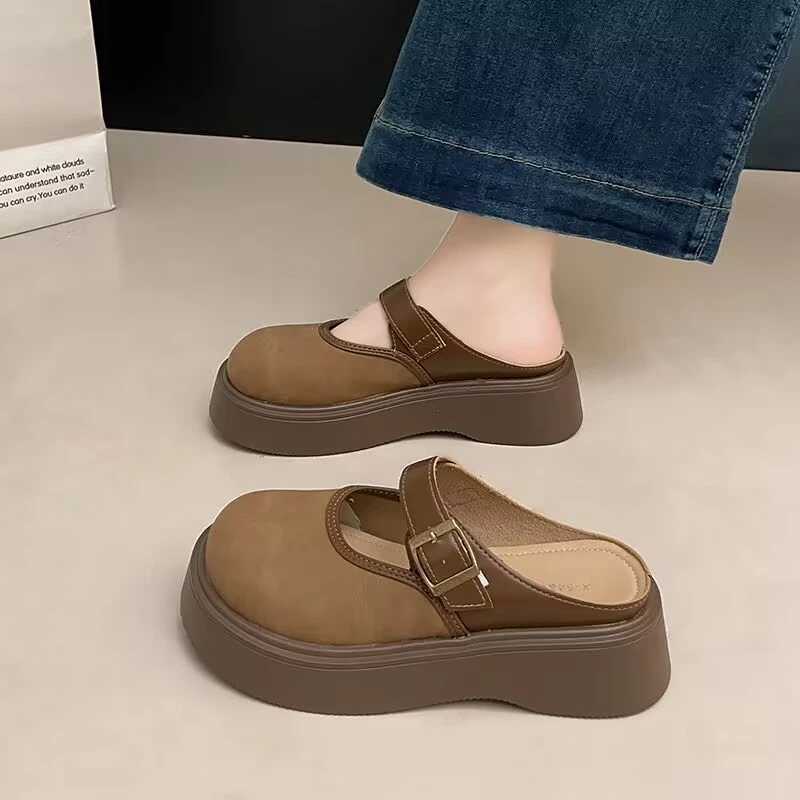 HR小个子勃肯包头半拖鞋女外穿2025新款增高厚底鞋玛丽珍凉拖鞋