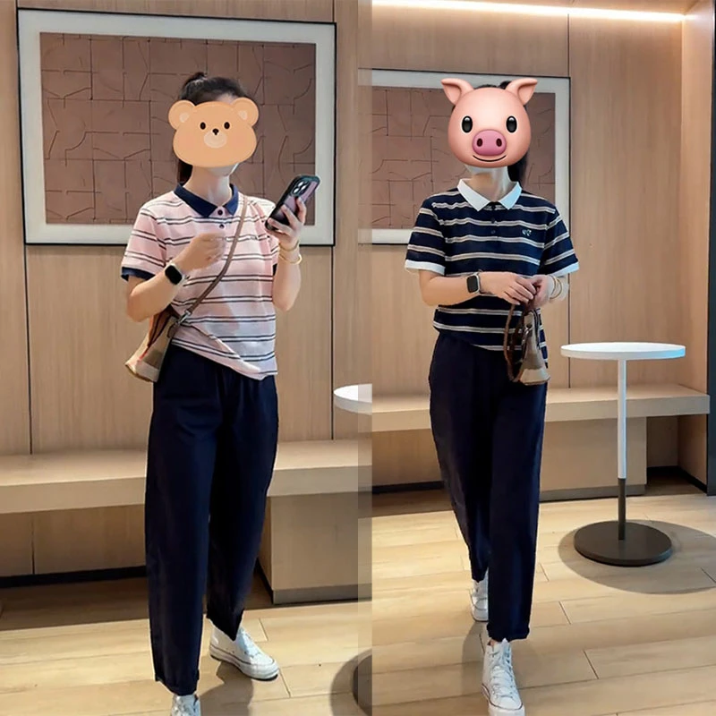 夏装超火一整套2025新款小个子百搭polo领条纹短袖休闲阔腿裤套装