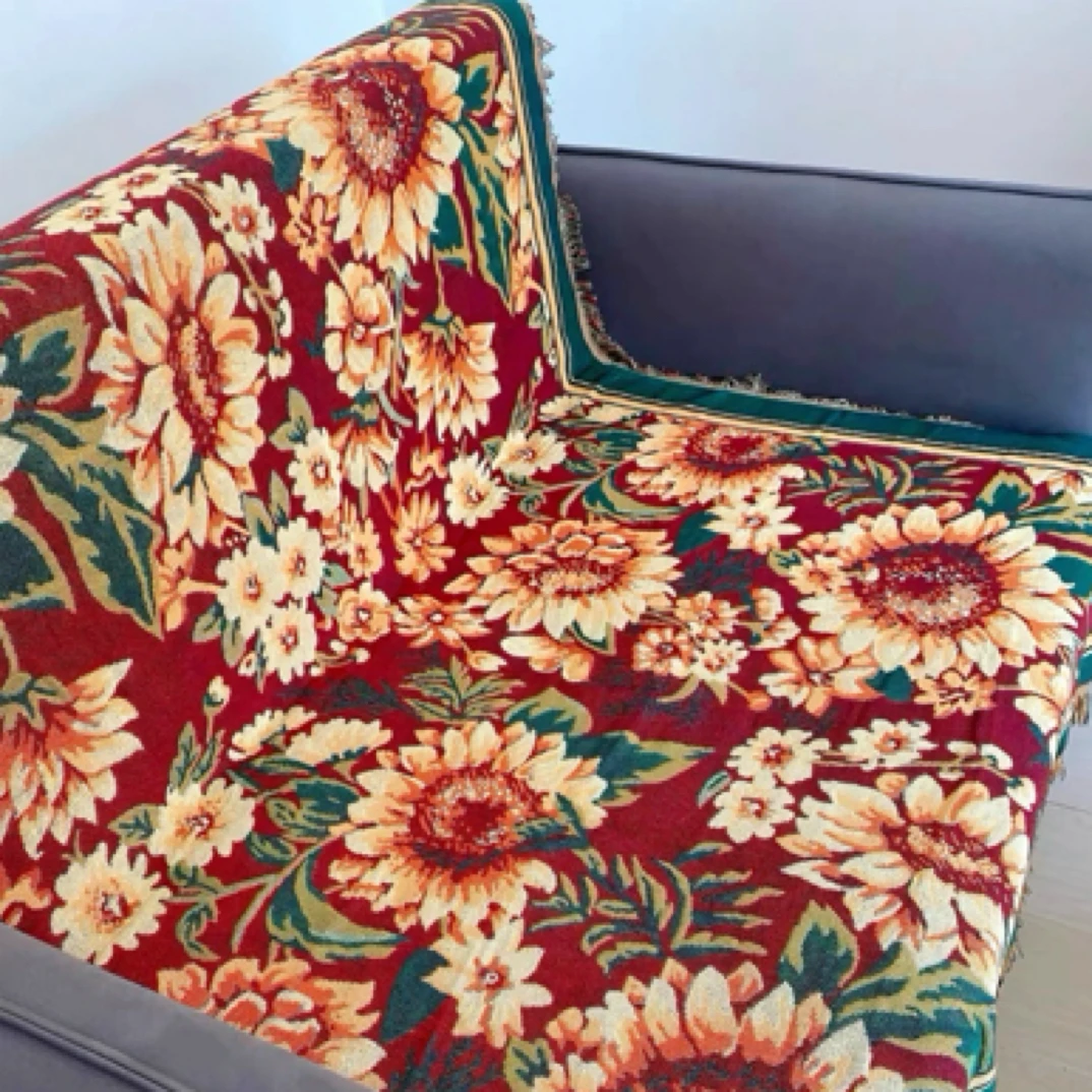 【守绣家】【130*180-非洲菊】棉麻复古盖巾双面加厚桌布家用针织怀旧