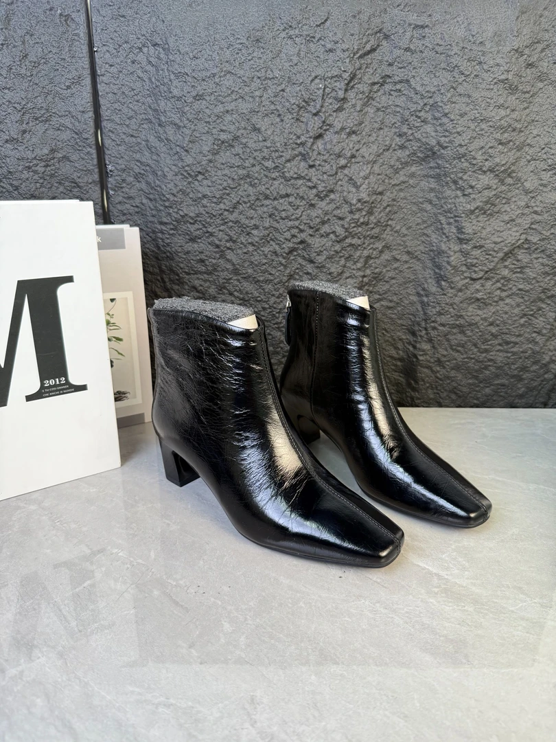 小卿~牛皮4公分/2025秋冬新款秋冬方头粗跟后拉链短靴真皮英伦62
