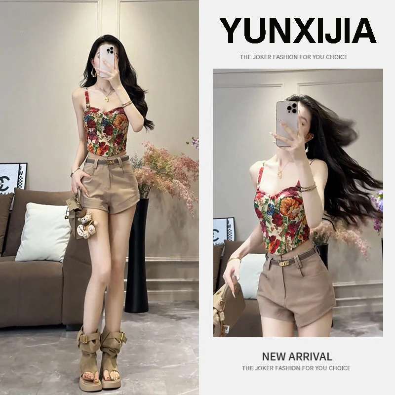 2025夏季新款时尚辣妹性感复古炸街修身显瘦吊带背心短裤两件套