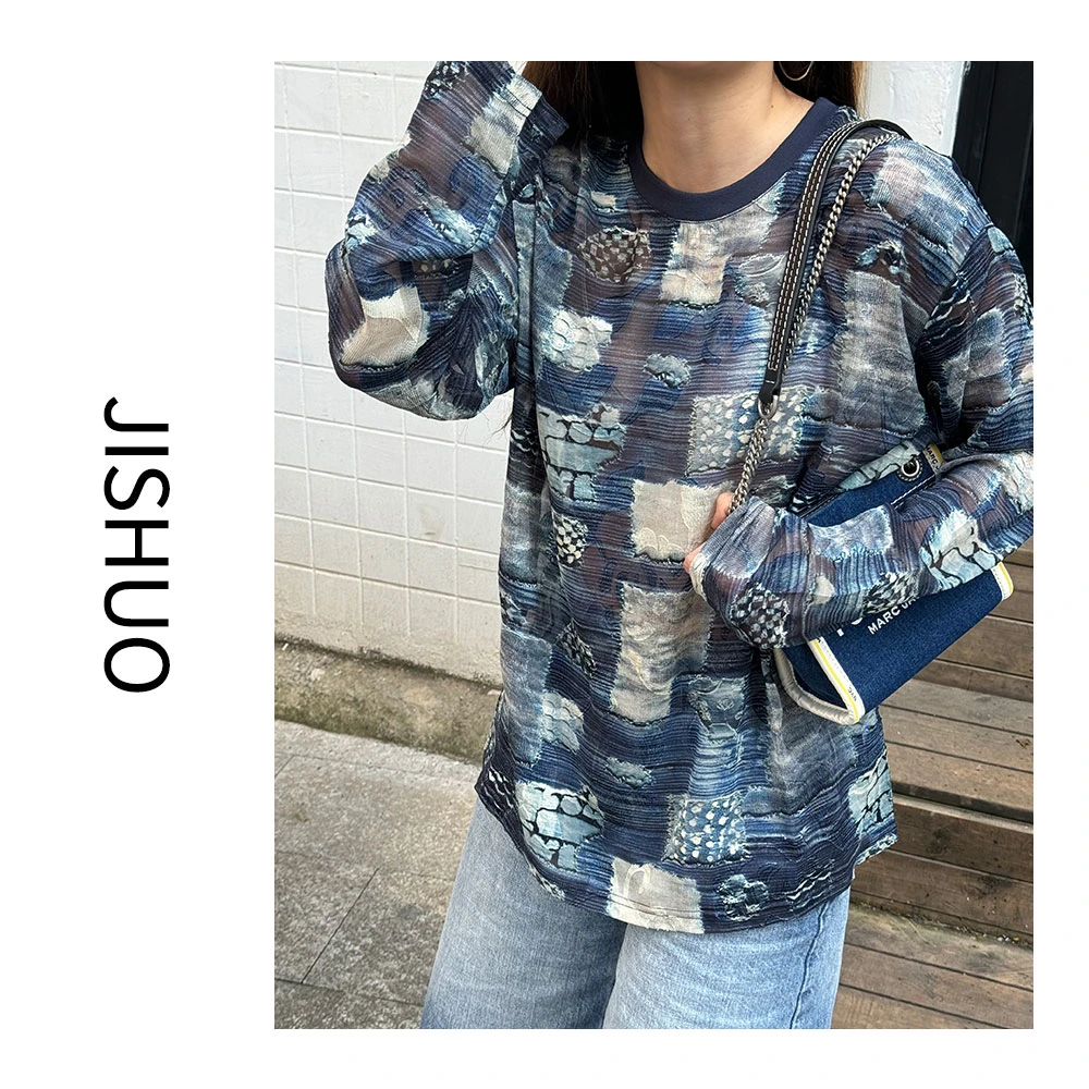 时尚休闲蓝色格子印花长袖T圆领防晒体恤