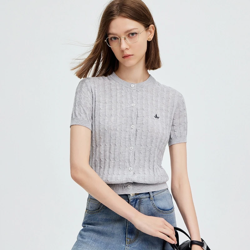 navigare意大利小帆船夏季减龄短袖针织开衫女士薄款休闲圆领上衣