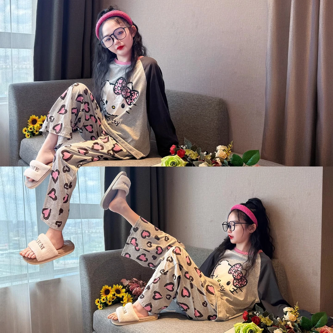 hellokitty儿童睡衣女童春秋季新款长袖薄款女孩中大童家居服套装