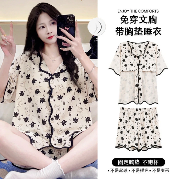 自带胸垫睡衣女夏季2025新款开衫短袖短裤夏天卡通猫咪家居服套装
