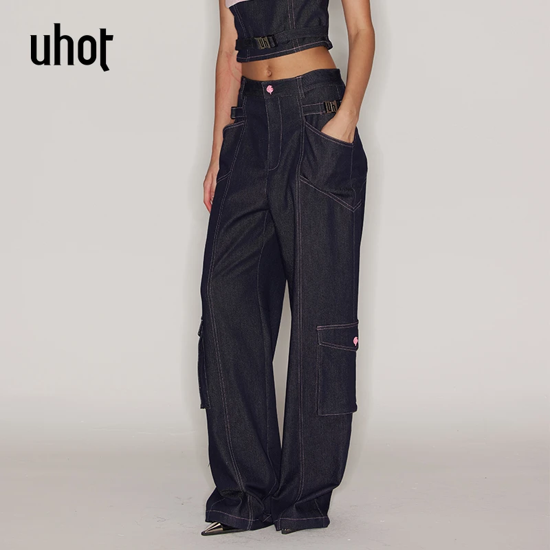 UHOT 蓝色压线工艺立体口袋装饰牛仔长裤女休闲复古百搭UWFR3K127